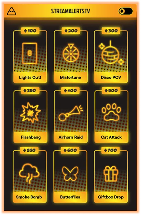 The StreamAlertsTV game panel: Lights Out, Misfortune, Disco POV, Flashbang, Airhorn Raid, Cat Attack, Smoke Bomb, Butterflies and Giftbox Drop, each with a Bit price from 100 to 700.
